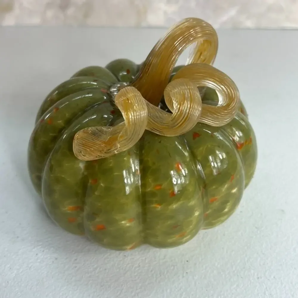 Hand Blown Art Glass Pumpkin Twist Stem Orange & Green 5
